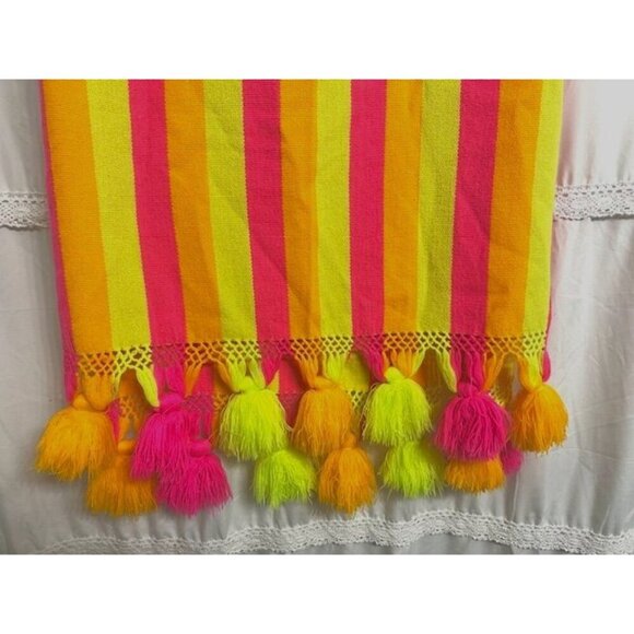 Fluorescent Rare Y2K Cotton Blend Long Scarf Shawl Wrap Knitted w/Fringe, Balls - Picture 4 of 7